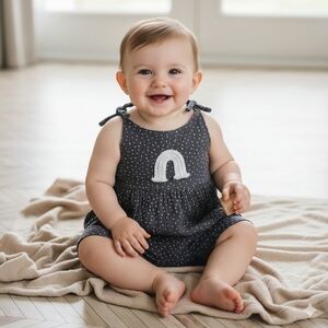 Baby Girl Polka Dot Bubble Rainbow Blue Jumper Bow Sleeve One Piece Jumpsuit